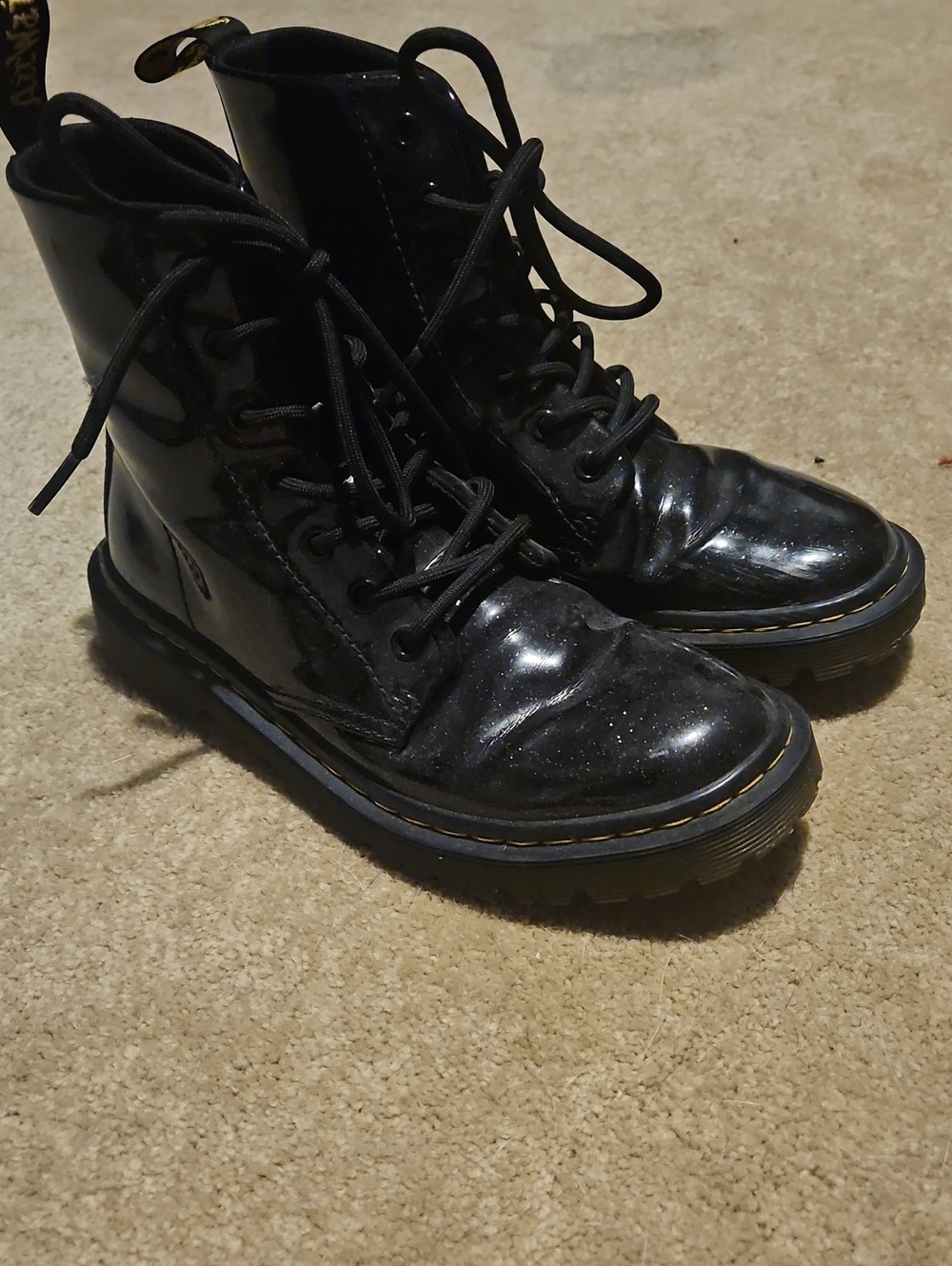 Dr. Martens Black Patent Glitter Combat Boots
